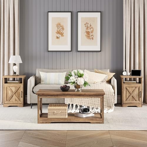 LUXOAK 3 Piece Living Room Table Set with Barn Door, Barnwood | Includes Coffee Table and 2 End Tables, Charging Station &USB Ports, Rustic Farmhouse Style, Living Room Furniture Set