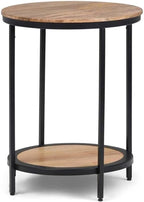 Industrial Round Side Table, 18" W x 24" H, Mango Hardwood and Metal Frame, Natural Finish, Open Bottom Shelf, Multipurpose Accent Table for Living Room, Bedroom, or Office