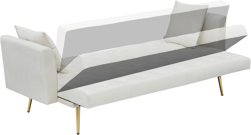 71" Modern Velvet Sofa Bed Futon, Convertible Sleeper Couch, Adj. Backrest | Tufted Recliner Loveseat Design with Golden Chrome Legs & 2 Pillows, Perfect for Small Spaces, Living Room, Apartment