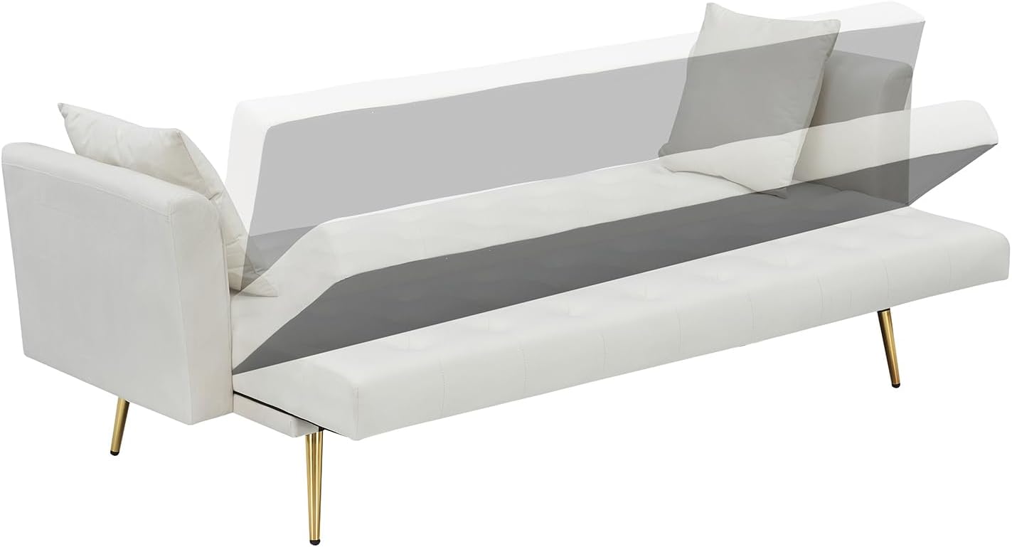 71" Modern Velvet Sofa Bed Futon, Convertible Sleeper Couch, Adj. Backrest | Tufted Recliner Loveseat Design with Golden Chrome Legs & 2 Pillows, Perfect for Small Spaces, Living Room, Apartment