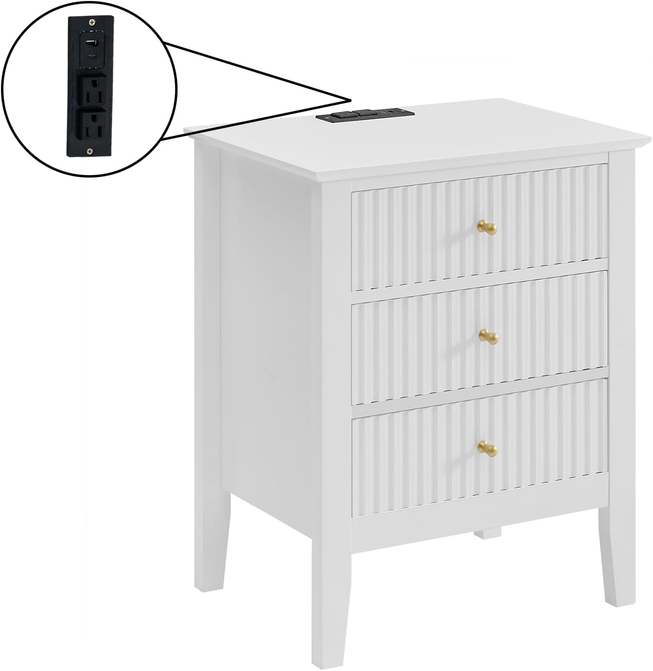OCANDO White Bed Side Table with 3 Drawers 19" W, Bedroom Nightstand 24" H,Vintage Modern Night Stand with USB Ports,Living Room Fluted End Bedside Tables