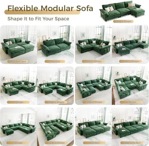 KKL Large V-Shaped Modular Sectional Sofa, 7 Seater Cloud Couch with Ottoman, Chenille Sectional Couches for Living Room, Apartment, Green | Chenille Oversized Sectional Couches for Living Room, Apartment, Green