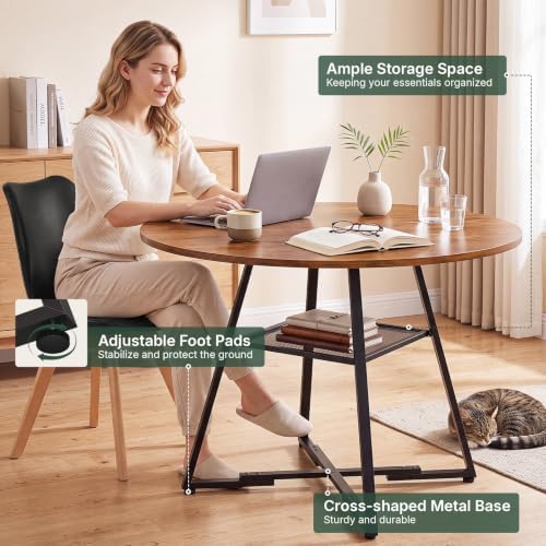 47in Round Dining Table Set for 4, Kitchen Table with Chairs | Circle Table, PU Leather, Metal Cross Base, Storage Shelf, Breakfast Nook, Space-Saving, Apartment, Living Room, Brown Black