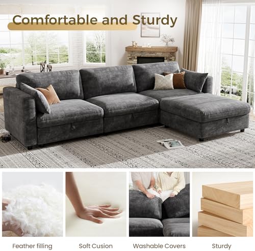 KKL Modular Sectional Couches for Living Room, U Shaped Sofa Couch with Adjustable Backrest, Chenille 6 Seater Sofa Couch with Convertible Ottoman and Comfy Cushion, Grey