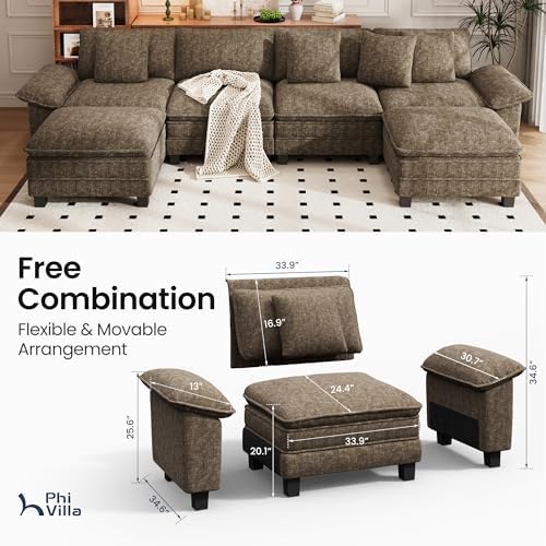PHI VILLA Oversized 6-Seat U Shaped Modular Cloud Couch Sectional Sofa | Grayish Brown Chenille Fabric 157.5", Modern Couches for Living Room with Chaise, Solid Wood Frame, Wider Armrest, Deep Seat