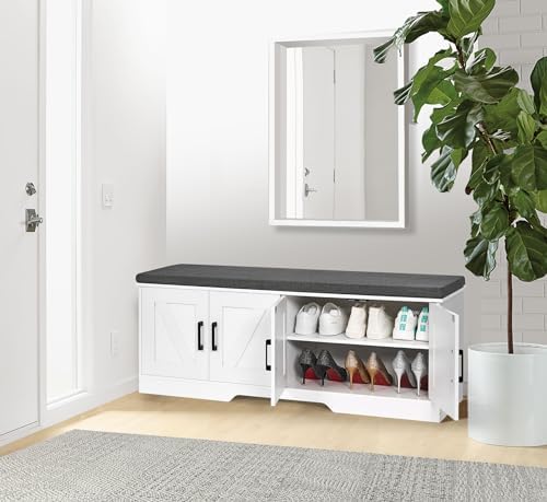 HOMSHO Farmhouse Shoe Storage Bench with 4 Barn Doors & Padded Seat Cushion | 47.2" Wide Entryway Bench with Adjustable Shelves & Hidden Storage, White