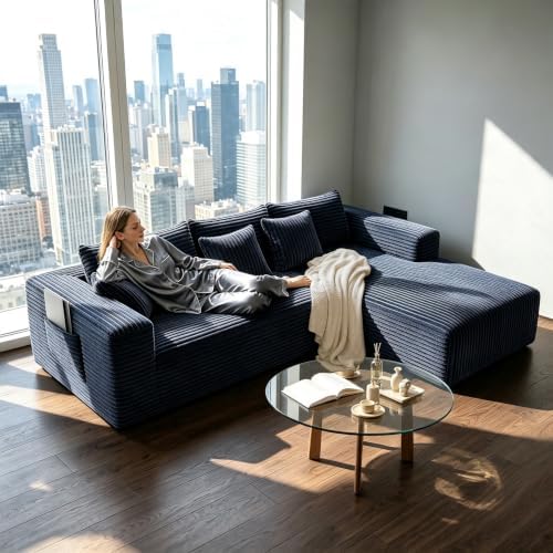 Couch ≈103" L-Shaped Sofa, Modular Sofa in Living Room Comfy Corduroy Fluffy Couch with Deep Seat and Side Pockets, Flexible Module Combination for Living Room (Black, 103IN)