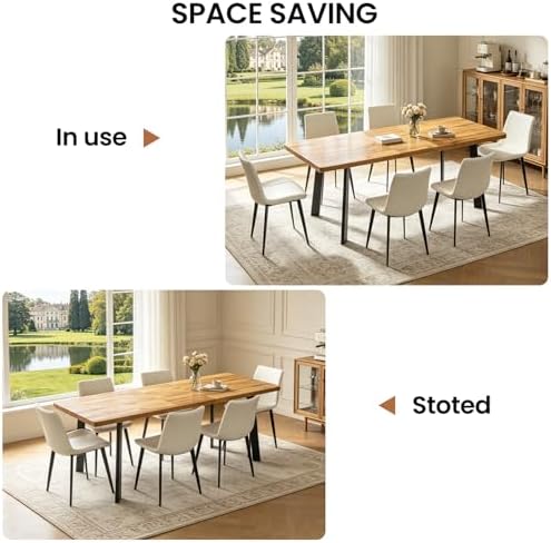 63"-78.7" Expandable Dining Room Table Set for 4-8 People, Walnut | Removable Extension Leaf, Durable MDF Rectangle Top, 6 Beige Sleek Faux Leather Chairs, Heavy Duty Modern Kitchen Table Set