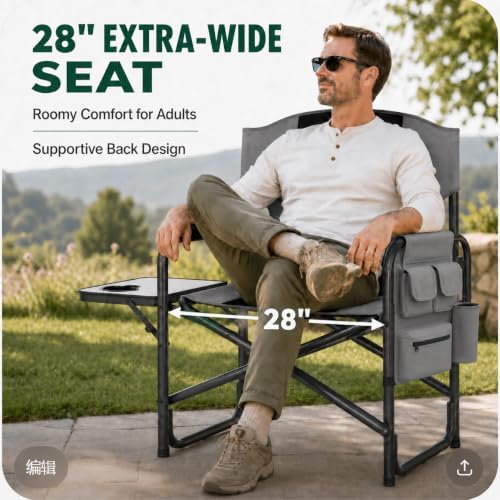Colegence Oversized Directors Camping Chairs, 2 Pack, 600 lb, Black | Heavy duty outdoor chairs for adults, 28" wide seat, supportive back, side table, cup holder, detachable storage pocket