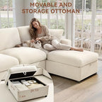 Ihanherry Cloud Sectional Couches for Living Room, 110" Large Modular Sectional Sofa with Wide Deep Seat, L Shaped Couch with Throw Pillow and Storage Ottoman, Beige