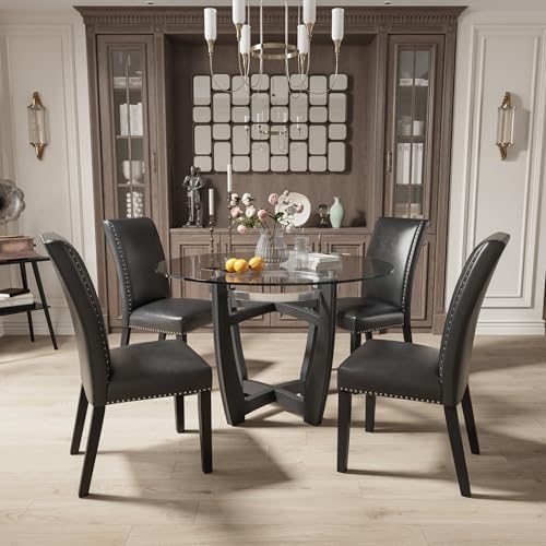 LEEMTORIG Set of 4 Upholstered Parsons Dining Chairs, Faux Leather Dining Room Kitchen Side Chair with Nail-Head Trim for Living Room Bedroom Outdoor Lounge Guest Cafe, Midnight Black CY-1122-BK02