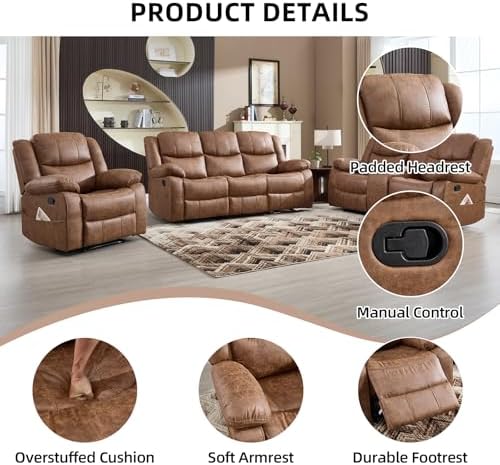 EBELLO 3 Pieces Faux Leather Recliner Sofa Furniture Set, Includes a Manual Reclining 1 Seat Chair, a Loveseat and a 3 Seat Couch, with Cup Holders and Storage for Living Room, Brown