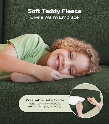 Welzona Loveseat, 51" Small Couch, Teddy Love Seat, Small Loveseat Sofa | Comfy Teddy Fabric, Tool-free Setup, Washable Covers, All-wood Small Sofa Couch for Living Room, Bedroom, Small Spaces, Green