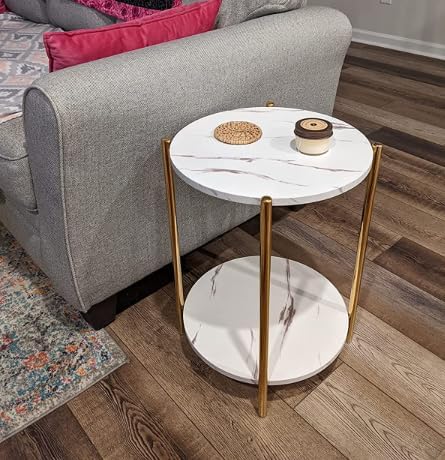 Gold End Table, Faux Marble Side Table, 2-Tier Small Round Nightstand for Bedroom - Modern Accent Table for Living Room Couch, Metal Frame (1 Pack)