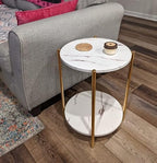 Gold End Table, Faux Marble Side Table, 2-Tier Small Round Nightstand for Bedroom - Modern Accent Table for Living Room Couch, Metal Frame (1 Pack)