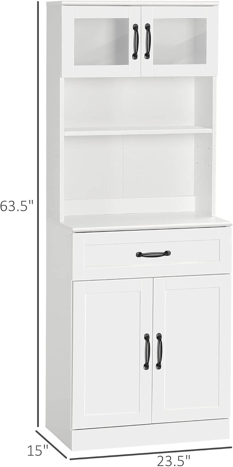 HOMCOM 63.5 Inches Freestanding Kitchen Pantry, 4-Door Buffet Cabinet with Hutch, Coffee Bar Storage Cabinet with Adjustable Shelves, White