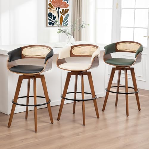 Rattan Swivel Counter Stools, Mid Century Modern Counter Stools with Back | Natural Bentwood Frame, Walnut Crafts, Curved Arms, Faux Leather Upholstered Seat, Swivel Counter Stools for Island, Kitchen