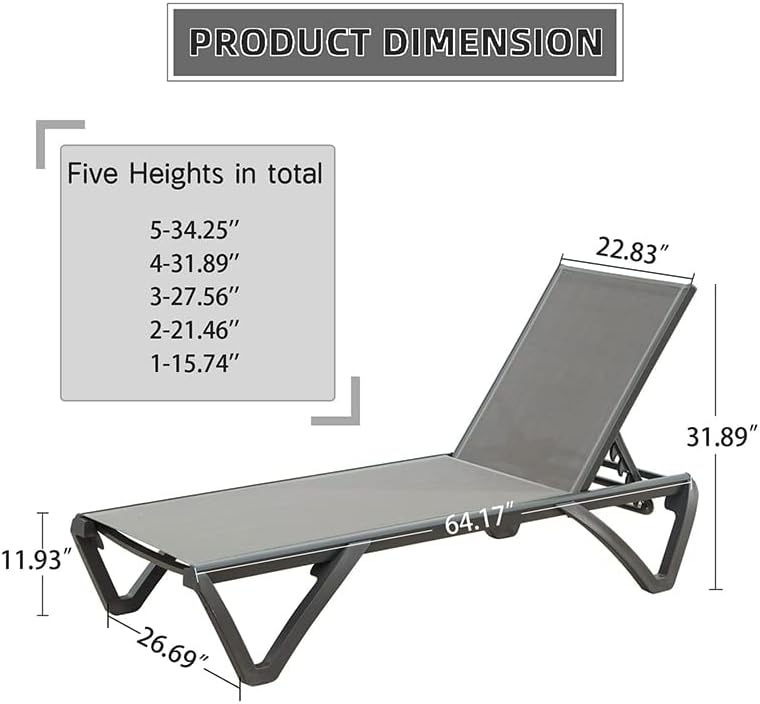 Domi Pool Lounge Chairs, Aluminum Patio Chaise Lounge Set of 2, 5 Position Adjustable Backrest and Wheels, All Weather Outdoor Lounge Chairs for Beach, Yard, Balcony, Poolside, Gray