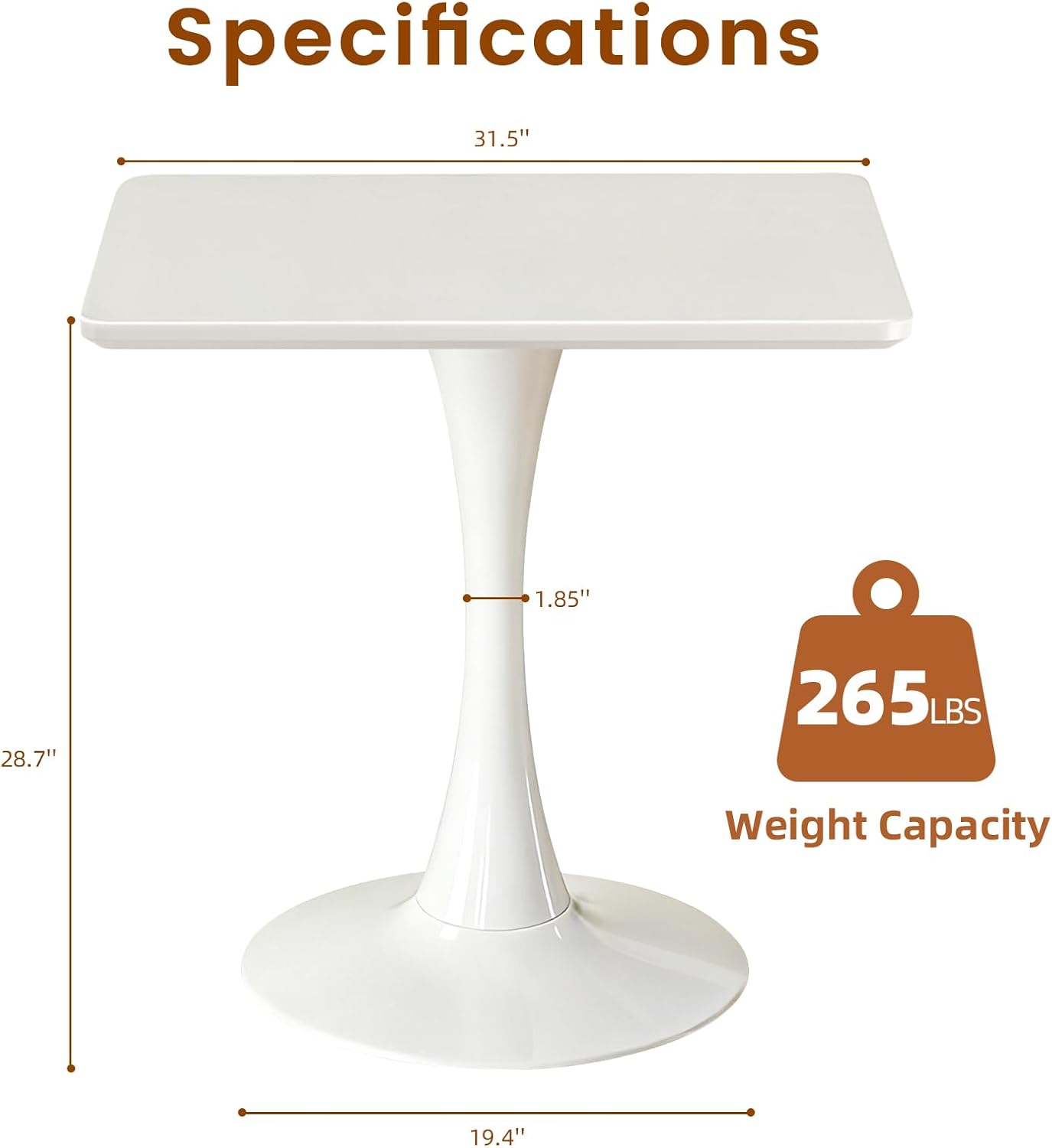 Square Dining Tulip Table for 4, Mid-Century Modern Table with Sturdy Metal Pedestal for Kitchen, Bistro, Cafe, Leisure (White, 31.5 INCH)