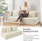 JKMAX Queen Size Folding Sofa Bed - 4 in 1 Convertible Sleeper Chair with Two Pillows - High Density Memory Foam Futon Couch - Foldable Bed for Living Room Bedroom (Beige)