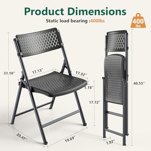 Black Folding Chairs 4-Pack, Breathable Plastic for Card Tables & Indoor Outdoor, Easy-Clean & Supports 400 Lbs