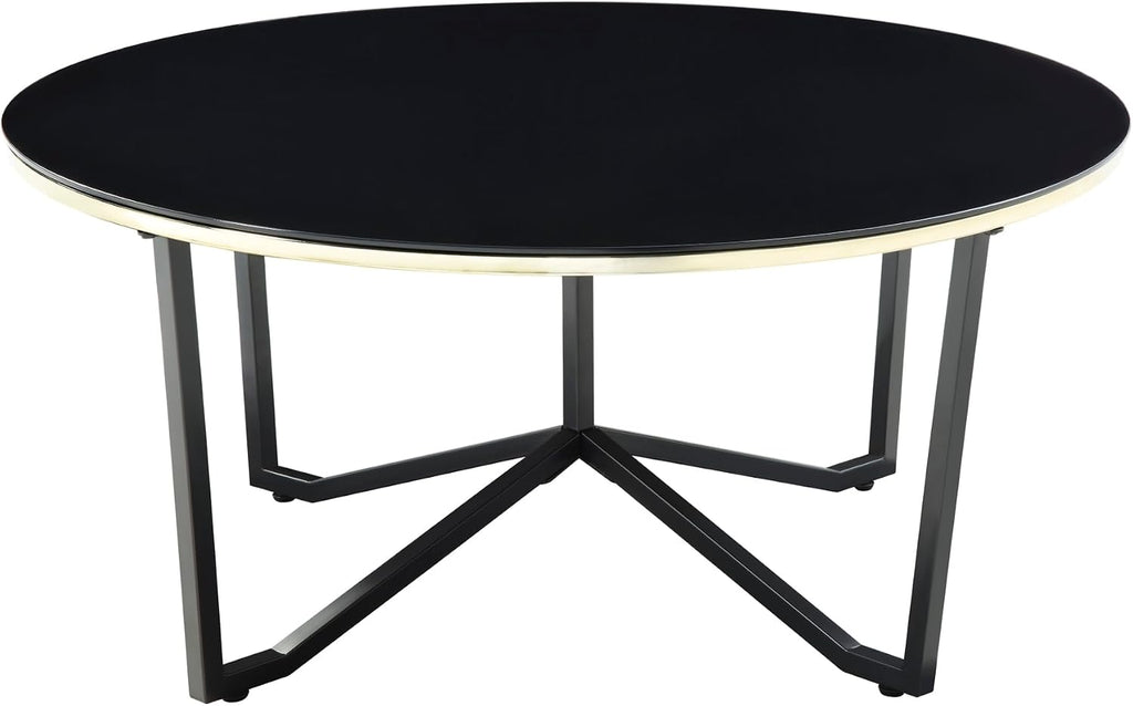 3pc Round Coffee and End Tables Set Black Tempered Glass Top Metal Frame | Includes 1 cocktail table and 2 end tables with black tempered glass tops