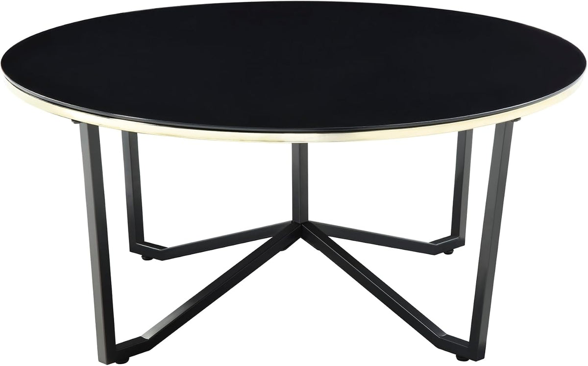 3pc Round Coffee and End Tables Set Black Tempered Glass Top Metal Frame | Includes 1 cocktail table and 2 end tables with black tempered glass tops