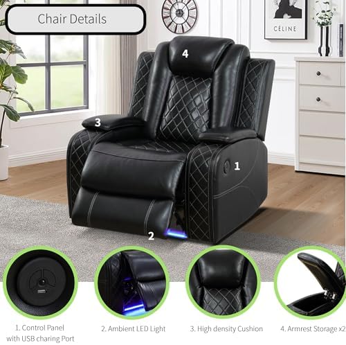 Power Recliner Sofa Sectional Sofa with LED Light for Living Room, Air Leather Reclining Corner Sectional Sofa Set, Cup Holder, Storage Console for Home Theater Seating (Black, Sectional+Chair)
