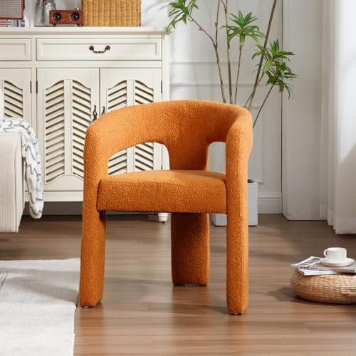 HNY Modern Sherpa Barrel Single Dining Chair, Orange | Upholstered Accent Armchair With 18.5" Wide Seat No Assembly Required For Living Room Bedroom Vanity Small Spaces