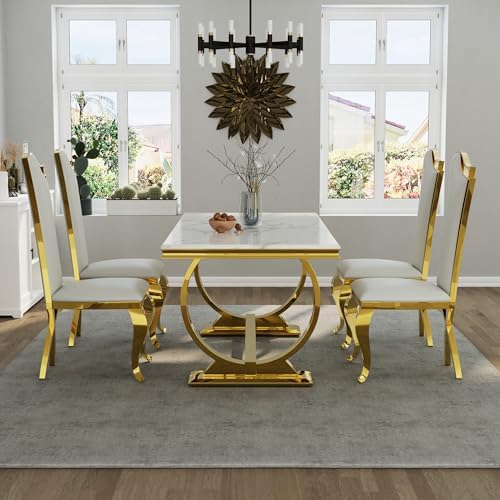 ACEDÉCOR 7 Piece Dining Table Set, Luxury White and Gold Kitchen and Dining Room Set for 6, Metal Circling Base Dining Table Set with White Leather Upholstered Dining Chairs