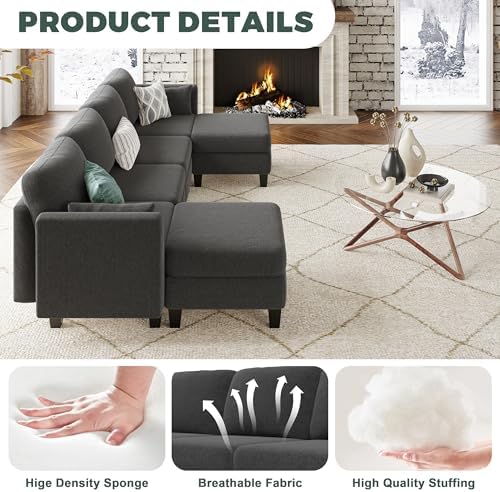 Modular Sectional Sofa 6 Seaters Modular Sleeper Sofa Couch | Comfy Sectionals Couches Bed, Convertible Sofas with Ottomans, Sectional Couches for Living Room, Dark Gray