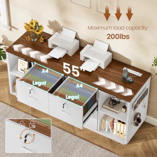 SEDETA 55" File Cabinet with Lock, Large 3 Drawers Filing Cabinets for Home Office, Lockable Printer Stand with Storage, Power Strip, LED Light & Pegboard, White + Brown