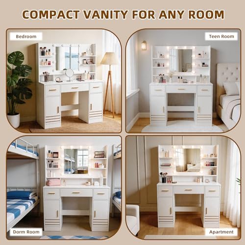 42" W Vanity Desk with Power Outlet Mirror and LED Lights Large Heavy Duty Makeup Vanitys Table with 3 Drawers & 6 Open Shelves & 2 Cabinet Storage for Bedroom Dressing, White