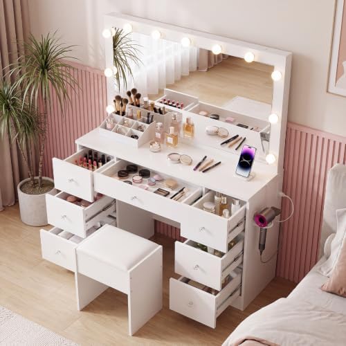 SweetGO 46" LED Lighted Makeup Vanity Desk, 7 Smooth-Glide Drawers, USB & AC Charging Station, Adjustable 3 Light Modes, Cushioned Stool Included, White