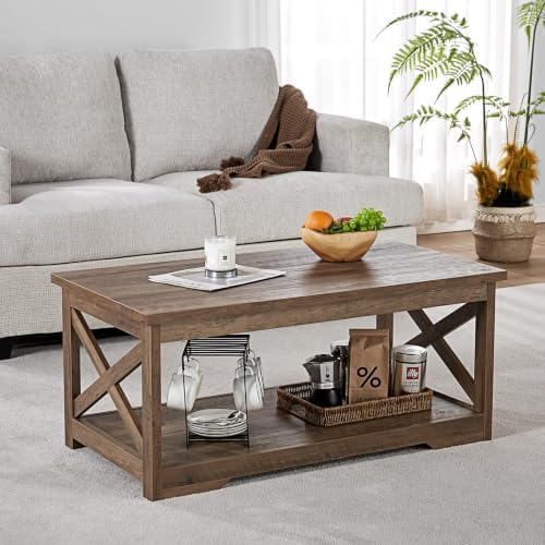 AMERLIFE Farmhouse 5 Piece Living Room Table Set, 59" TV Stand, Barnwood | TV Console for Living Room with 23" Electric Fireplace, 40" Coffee Table and 2 End Tables with Charging Station and USB Ports