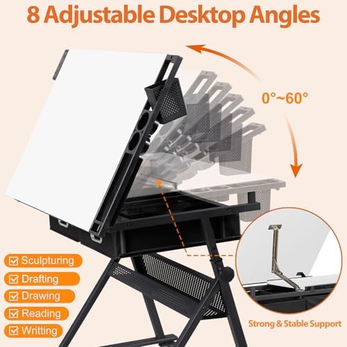 SUPER DEAL Adjustable Drafting Table Set with Charging Station, Tilting Drawing Desk Artist Desk with Stool Multifunctional Art Craft Workstation with 2 Storage Drawers, White