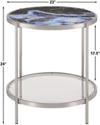 Pemberly Row 3-Piece Coffee & End Table Set, Engineered Wood, Blue Faux Marble & Glass, Chrome Frame, Contemporary Style Living Room Tables, Reversible Panels for Flexible Design