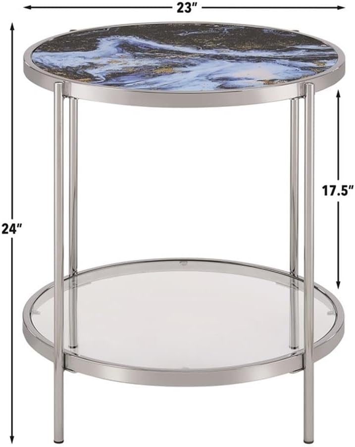 Pemberly Row 3-Piece Coffee & End Table Set, Engineered Wood, Blue Faux Marble & Glass, Chrome Frame, Contemporary Style Living Room Tables, Reversible Panels for Flexible Design