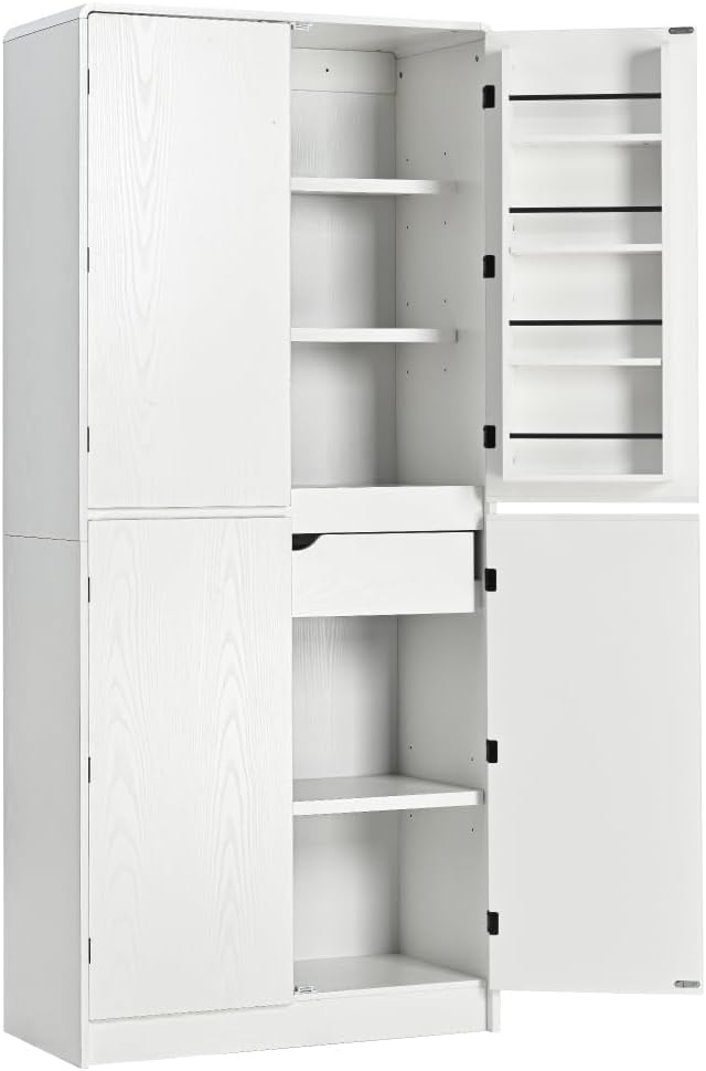 72" Tall Kitchen Pantry with Hidden Drawer, 8 Door Shelves & 3 Adjustable Shelves Farmhouse Cabinet, Versatile Cupboard for Kitchen, Dining & Bathroom (White)