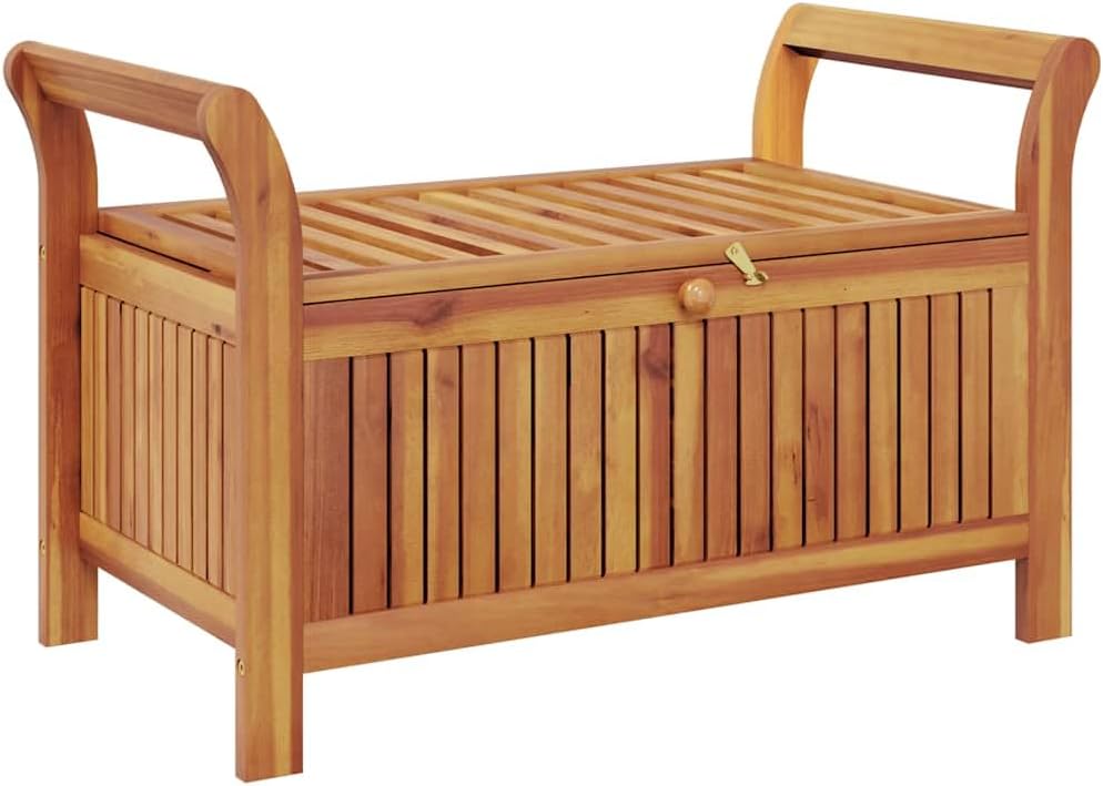 Outdoor Storage Bench with Cushion, Acacia Wood Garden Entryway Seating with Ample Interior Storage Space, 35.8-inch Deck Box Seat for Patio Porch Backyard