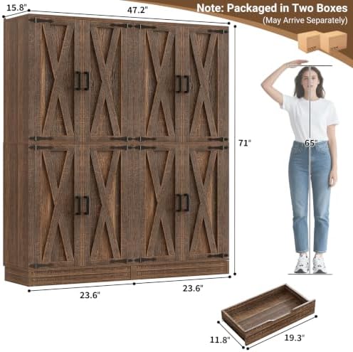 Unikito 71" Tall Kitchen Pantry Cabinet with Adjustable Shelve and Drawer | Large Wooden Farmhouse Storage Cupboard, Barn Door, Sturdy and Deep, Versatile for Dining Room, Living Room, Utility Room