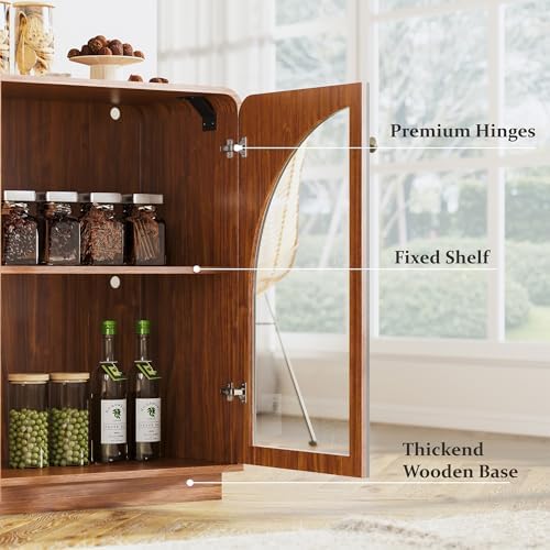 Sideboard Buffet Cabinet with Storage, 68" Walnut Credenza Accent Cabinet Buffet Table w/4 Arched Glass Doors & LED Light, Modern Coffee Bar Liquor Cabinet w/2 Shelves for Kitchen Entryway
