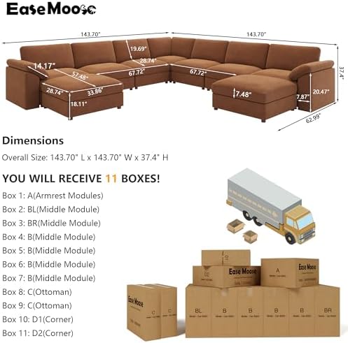 EASE MOOSE Oversized Modular Sectional Sofa with Ottoman, Modern Luxury Wide Deep Modular Couch, U Shaped Couch for Big Spaces Living Room, Brown