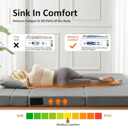 JKMAX Single Size Folding Sofa Bed - 4 in 1 Convertible Sleeper Chair - High Density Memory Foam Futon Couch - Foldable Bed for Living Room Bedroom (Dark Grey)
