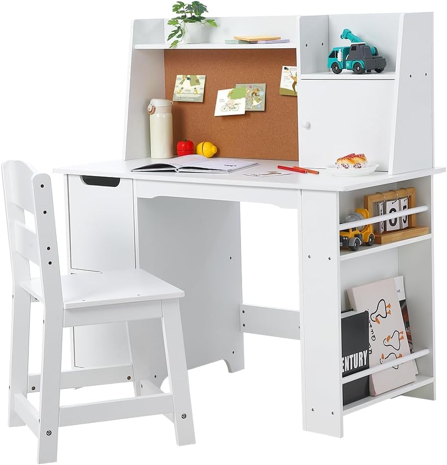 White Study Desk and Chair Set with Storage | Kids' Learning Table for Boys and Girls, Ages 3-8