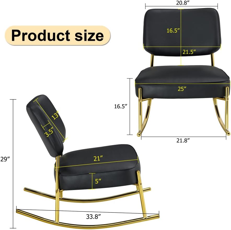 Modern Rocking Chair with PU Cushioned Seat, Black Backrest, Gold Metal Legs for Living Room, Bedroom, Office (Black + PU)