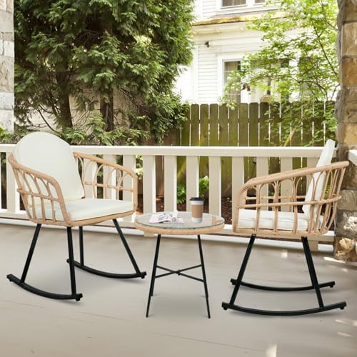 Vikiullf 3 Pieces Rocking Chairs Set - Outdoor Wicker Rattan Rocking Chairs with Thickened Cushions, Boho Patio Furniture, Patio Conversation Bistro Sets, for Balcony Garden Porch Living Room