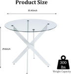 Modern Round Dining Table for 4, 36" Circle Glass Kitchen Dining Room Table with White Metal Cross Legs, Tempered Glass Tabletop, Perfect for Dinner Kitchen Living Dining Room