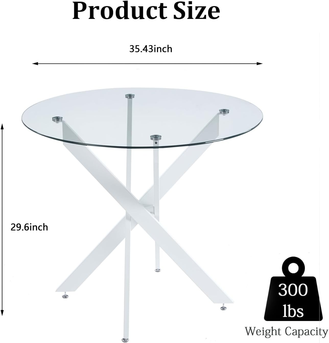 Modern Round Dining Table for 4, 36" Circle Glass Kitchen Dining Room Table with White Metal Cross Legs, Tempered Glass Tabletop, Perfect for Dinner Kitchen Living Dining Room