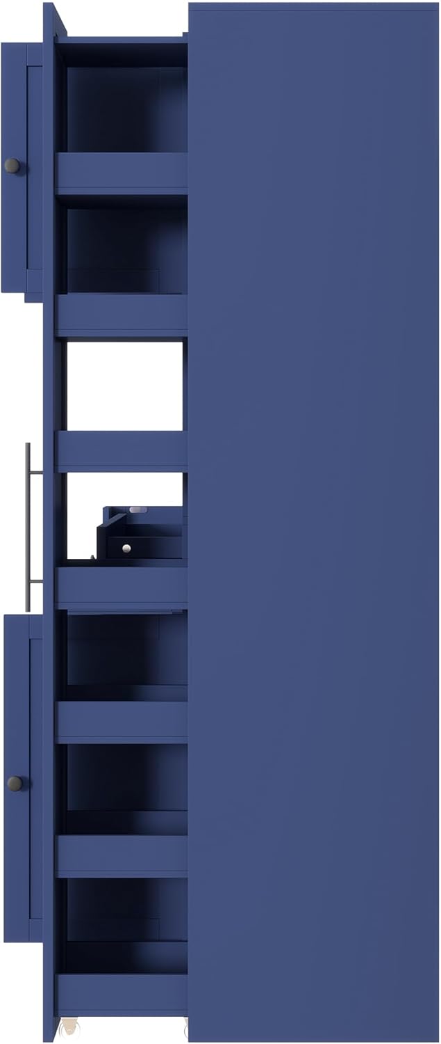 LUMISOL 70" Farmhouse Kitchen Pantry Storage Cabinet with Pull-Out Shelf, Wood Hutch Cabinet with Door Shelves and Drawer, Freestanding Food Hutch with Microwave Stand, Blue